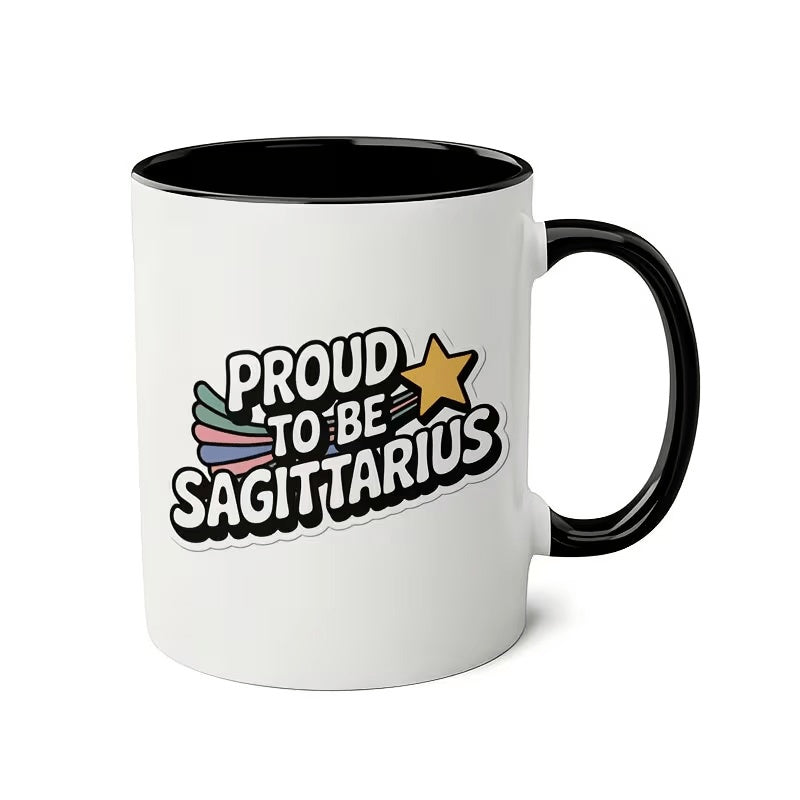 Tailorly Black Accent 11 oz Mug - Sagittarius zodiac sign with celestial elements
