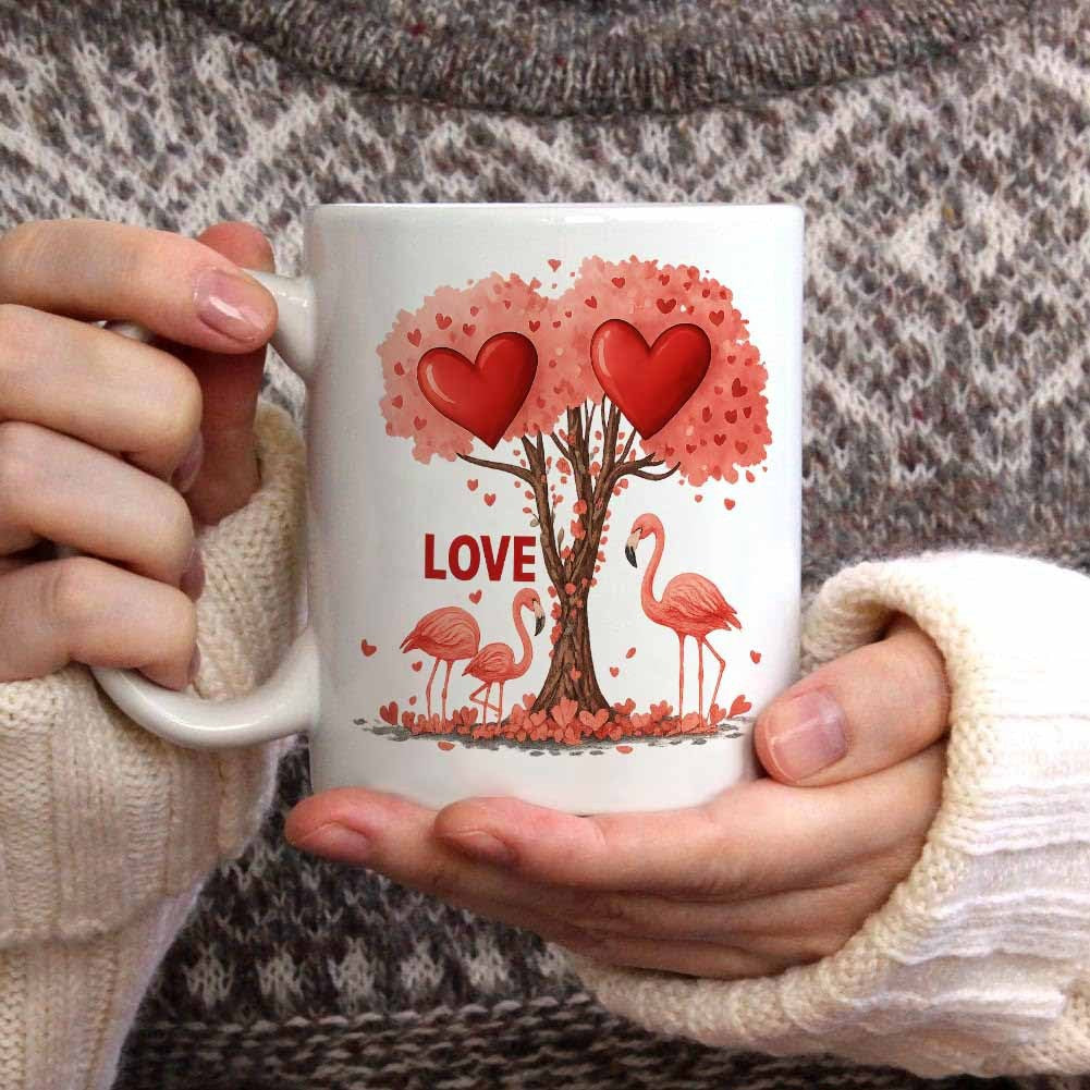 Tailorly White Ceramic 11 oz Mug - Love Beautiful Tree With Red Hearts And Pink Tropical Birds Flamingo