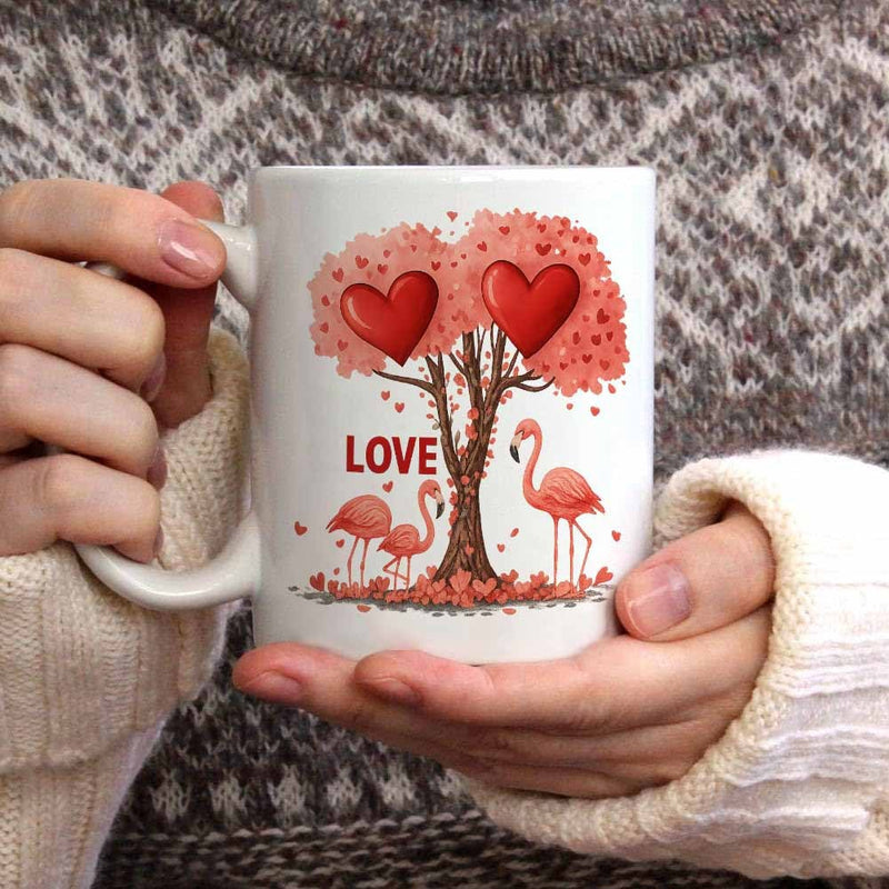 Tailorly White Ceramic 11 oz Mug - Love Beautiful Tree With Red Hearts And Pink Tropical Birds Flamingo