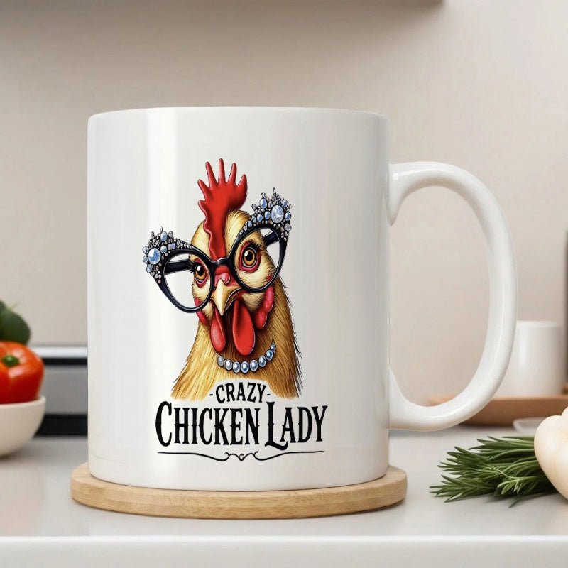 Tailorly White Ceramic 11 oz Mug - Crazy Chicken Lady Whimsical Hen Wearing Fancy Cat Eye Glasses And Pearl Necklace Chicken