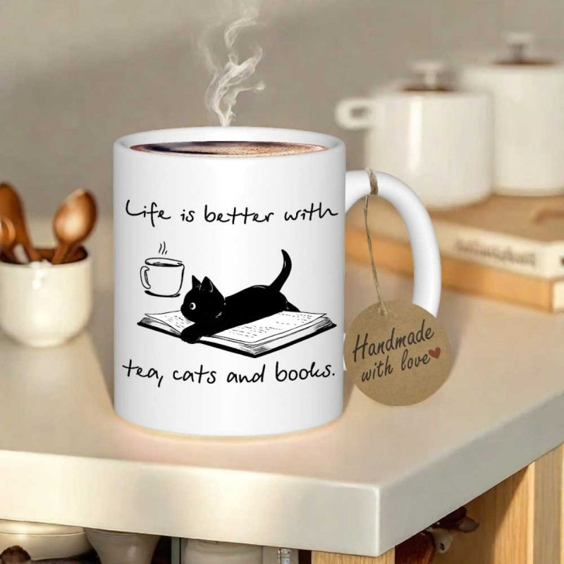 Tailorly White Ceramic 11 oz Mug - Life Is Better With Tea Cats And Books Charming Black Cat Resting Peacefully On An Open Book Cat