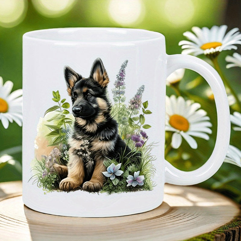Tailorly White Ceramic 11 oz Mug - Adorable Young Puppy Resting Among Colorful Spring Wildflowers And Lush Green Meadow German Shepherd