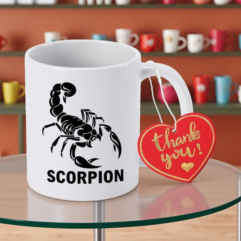 Tailorly White Ceramic 11 oz Mug - Scorpion Stylized Black Silhouette With Segmented Tail And Sharp Pincers Scorpion