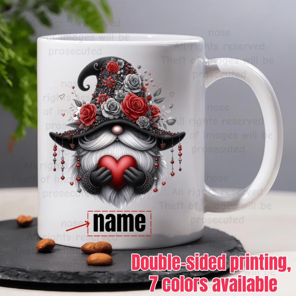 Tailorly White Ceramic 11 oz Mug - Name Whimsical Hat With Red Roses Holding A Heart Gnome