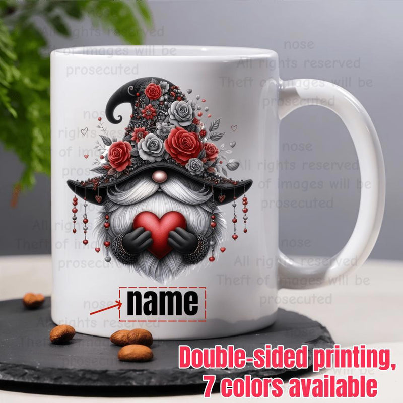 Tailorly White Ceramic 11 oz Mug - Name Whimsical Hat With Red Roses Holding A Heart Gnome