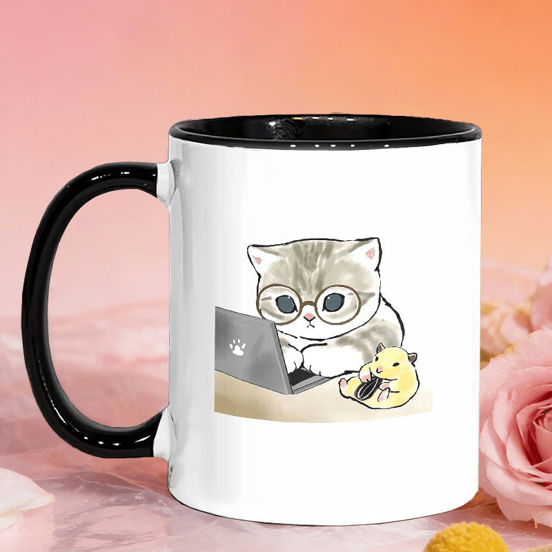 Tailorly Black Accent 11 oz Mug - Cat wearing glasses and a hamster on a laptop