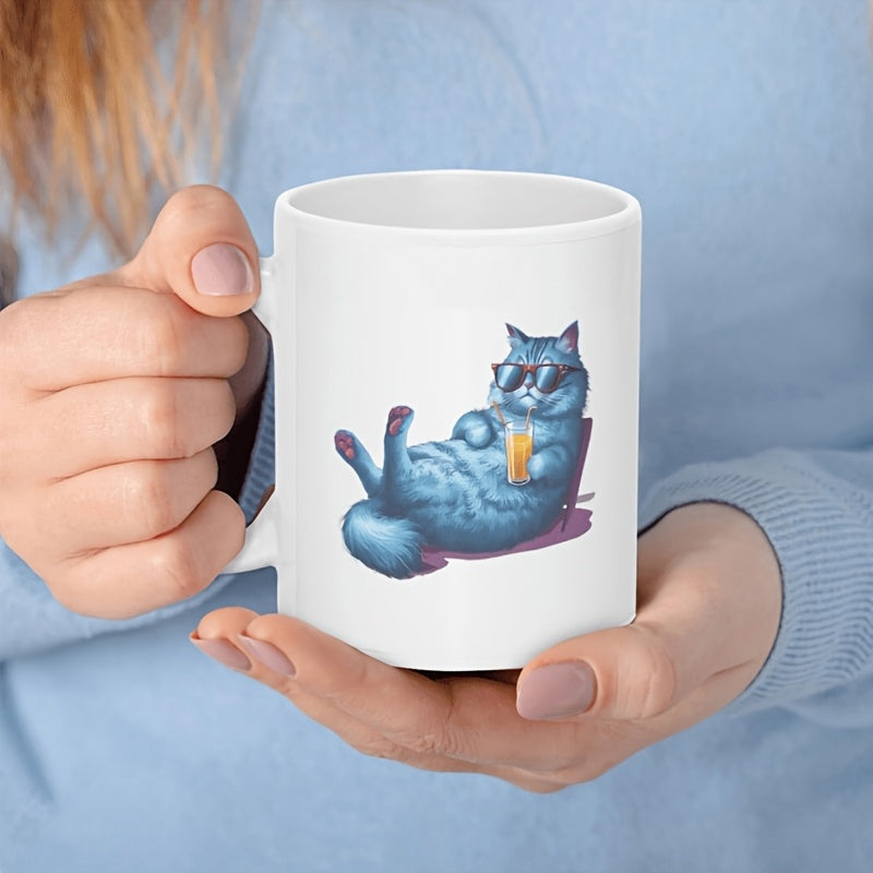 Tailorly White Ceramic 11 oz Mug - Cool Blue Fluffy Character Lounging While Holding A Summer Refreshing Drink Cat