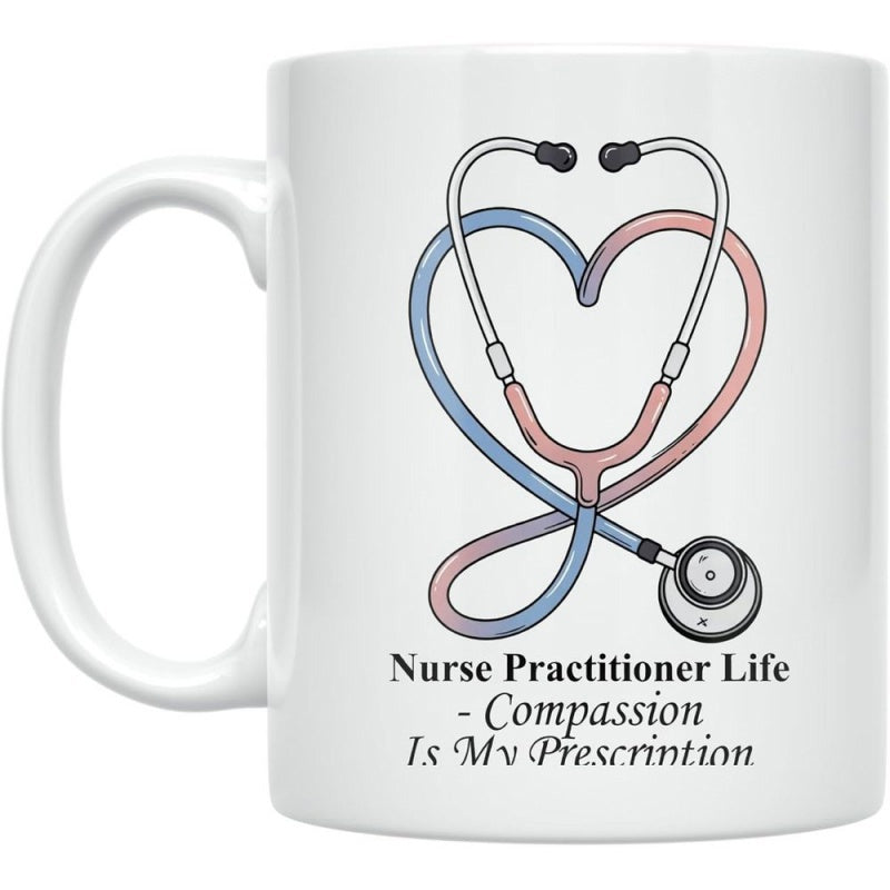 Tailorly White Ceramic 11 oz Mug - Nurse Practitioner Life Compassion Is My Prescription Pastel Pink And Blue Heart Shaped Professional Medical Tool Stethoscope