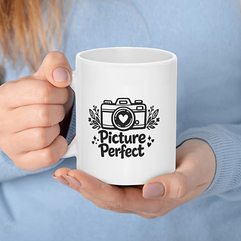 Tailorly White Ceramic 11 oz Mug - Picture Perfect Artistic Minimalist Camera Illustration Surrounded By Decorative Leafy Botanical Sprigs Camera