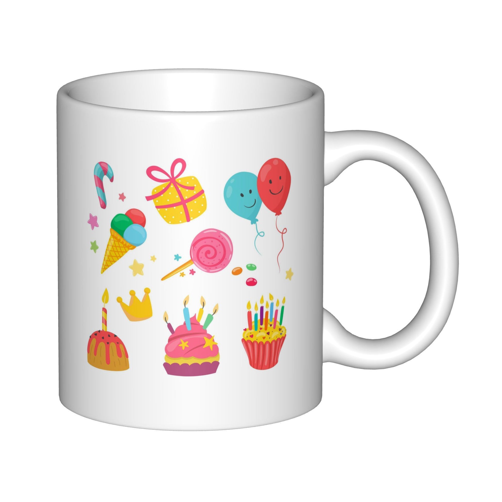 Tailorly White Ceramic 11 oz Mug - Colorful Festive Icons Featuring Sweet Treats And Happy Floating Balloons Cupcake