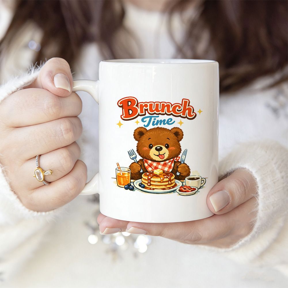 Tailorly White Ceramic 11 oz Mug - Brunch Time Cute Cartoon Brown Bear Eating Sweet Pancakes In Morning Light Bear