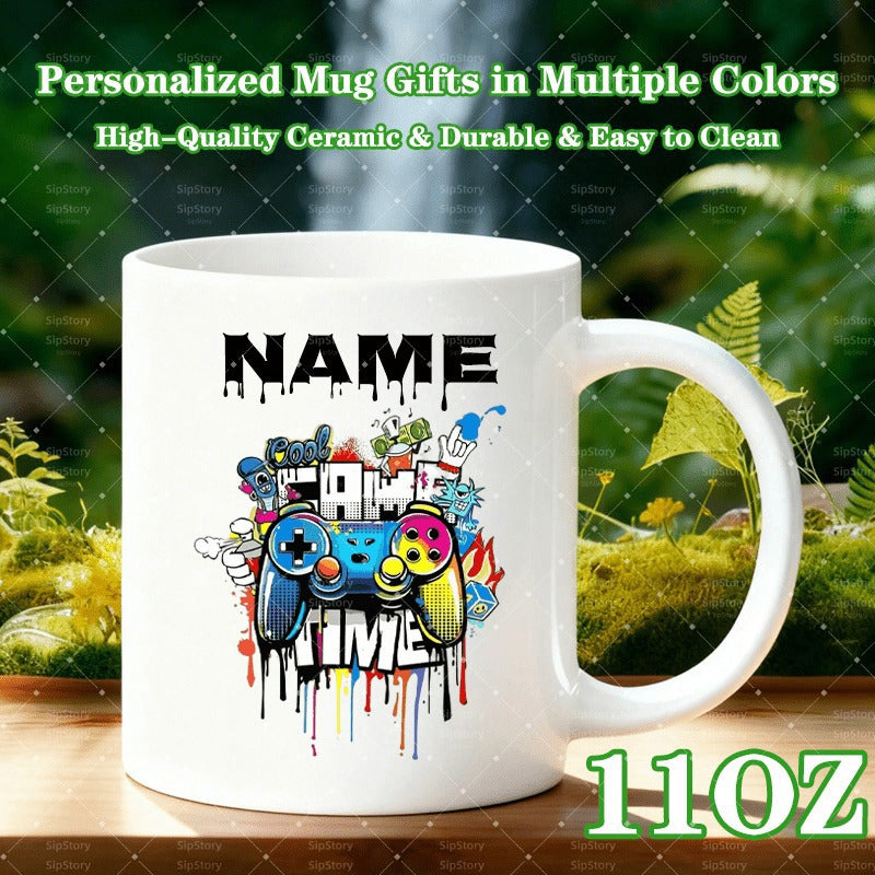 Tailorly White Ceramic 11 oz Mug - Name Game Time Colorful Artistic Graffiti Style Gaming Remote With Drip Paint Background Controller