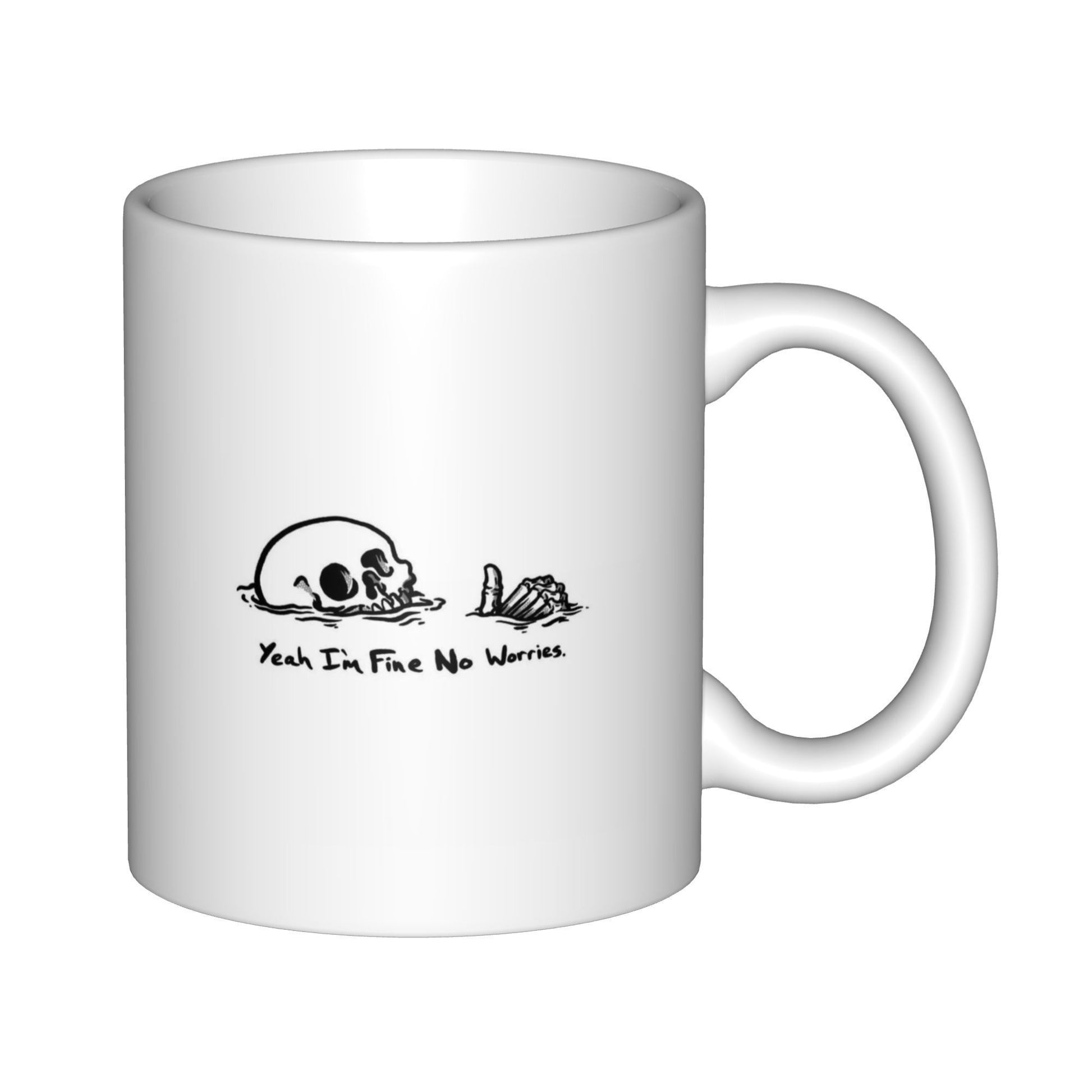 Tailorly White Ceramic 11 oz Mug - Yeah Im Fine No Worries Minimalist Black Line Drawing Featuring A Relaxing Resting Human Skull