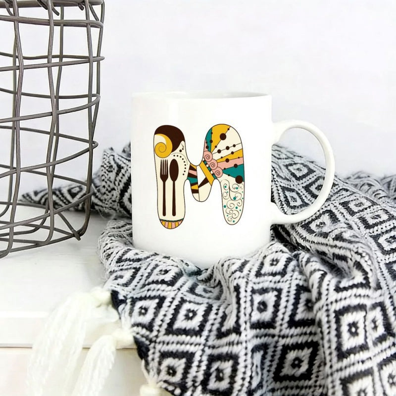Tailorly White Ceramic 11 oz Mug - Artistic Capital Letter M With Abstract Shapes And Dining Utensils Mug