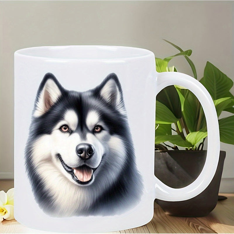 Tailorly White Ceramic 11 oz Mug - Majestic Realistic Portrait Of A Smiling Dog With Thick Fur Husky
