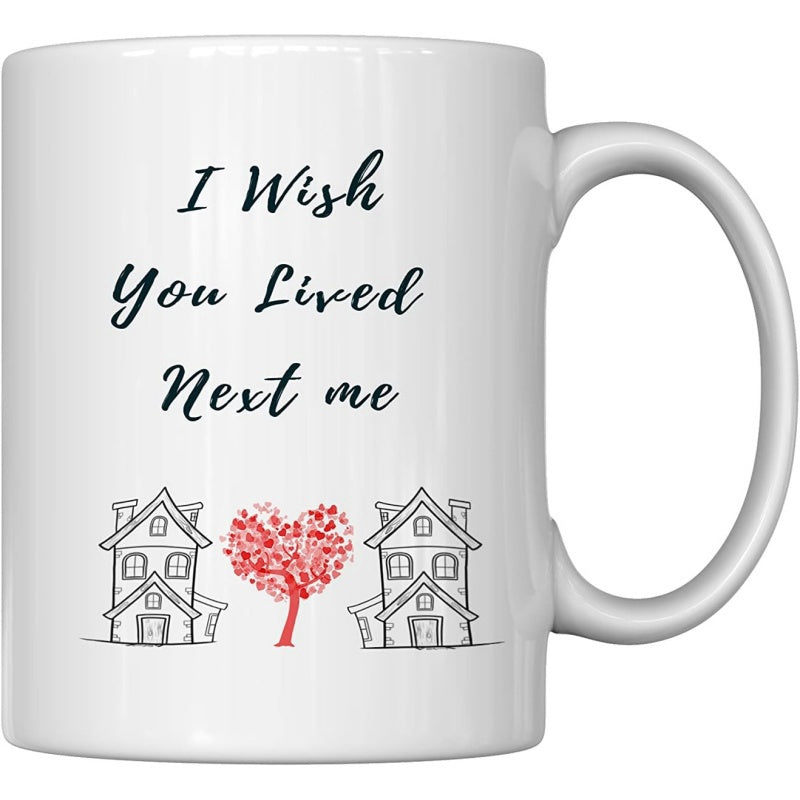 Tailorly White Ceramic 11 oz Mug - I Wish You Lived Next Me Two Charming Line Art Houses Beside A Vibrant Red Heart Tree House