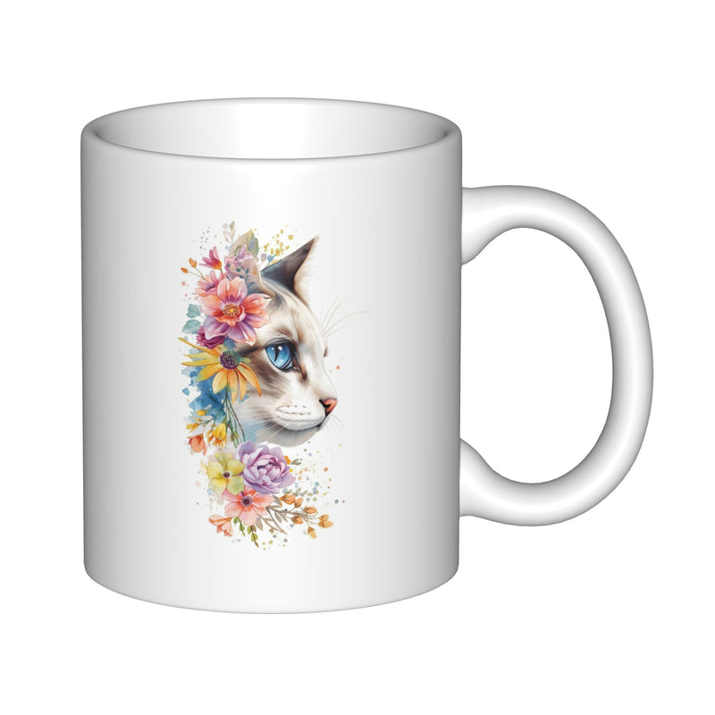Tailorly White Ceramic 11 oz Mug - Elegant Feline Head Adorned With Vibrant Watercolor Flowers And Soft Petals Cat