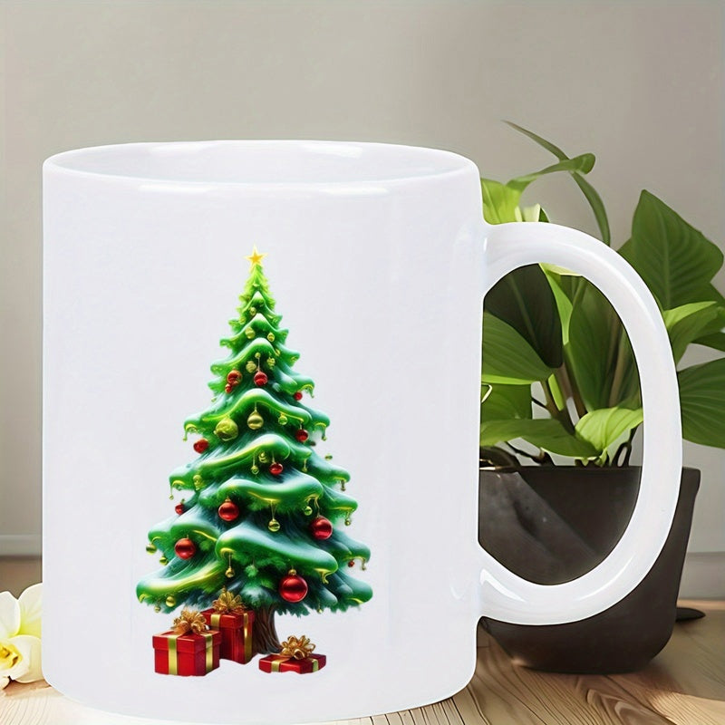 Tailorly White Ceramic 11 oz Mug - Vibrant Lush Green Decorated Christmas With Red Baubles And Festive Gift Boxes Tree