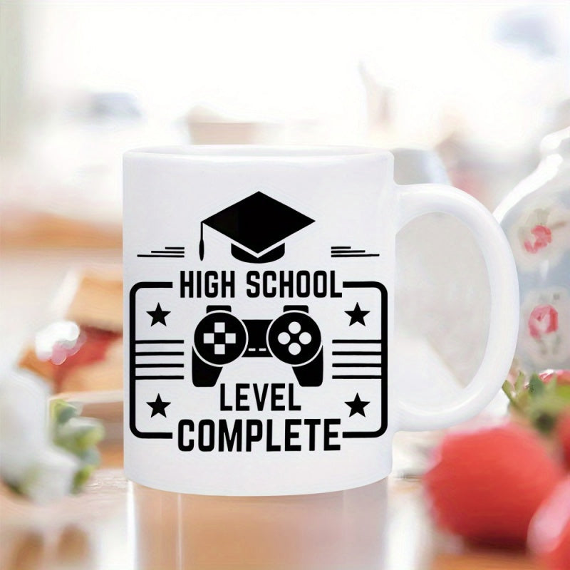Tailorly White Ceramic 11 oz Mug - High School Level Complete Black Silhouette Gaming Graphics Featuring Graduation Mortarboard And Stars Video Game Controller