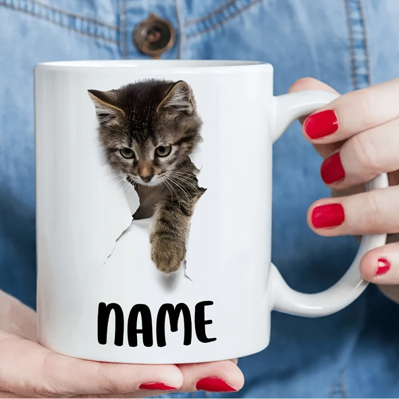 Tailorly White Ceramic 11 oz Mug - Name Adorable Tabby Kitten Peeking Through Realistic Ripped White Paper Hole Cat