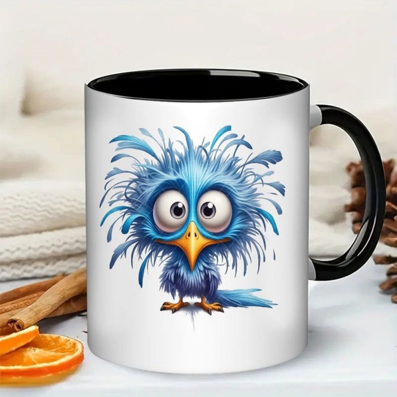 Tailorly Black Accent 11 oz Mug - blue bird and adorable owl with beak and feathers