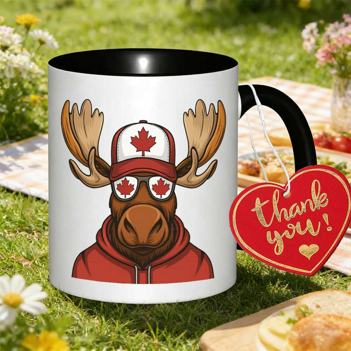 Tailorly Black Accent 11 oz Mug - canadian moose with a red and pattern