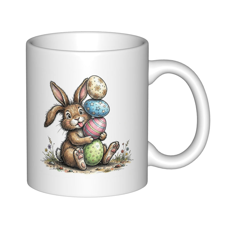 Tailorly White Ceramic 11 oz Mug - Cute Brown Bunny Sitting On Grass Holding Stacked Colorful Easter Eggs Rabbit