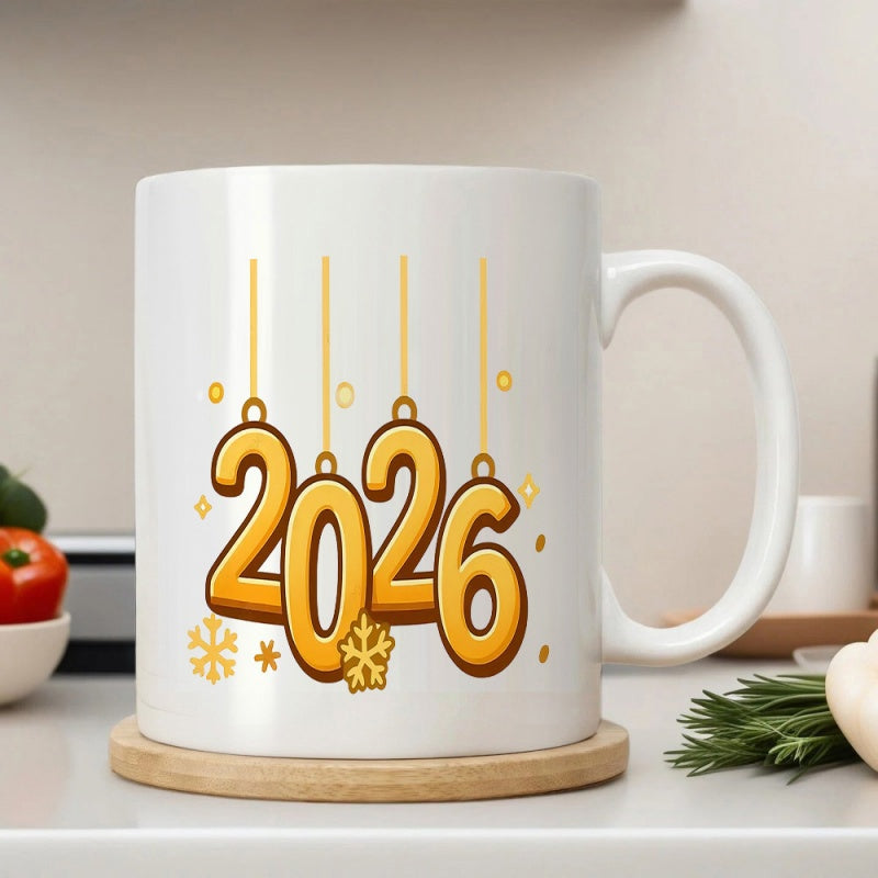 Tailorly White Ceramic 11 oz Mug - 2026 Golden Festive Hanging Numbers With Sparkling Stars And Winter Snowflakes Ornament