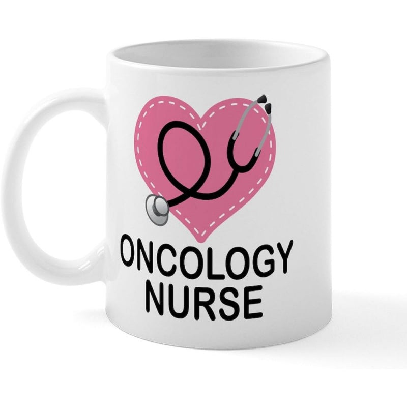 Tailorly White Ceramic 11 oz Mug - Oncology Nurse Stitched Pink Heart With Black Stethoscope Symbolizing Medical Care Dedicated Heart