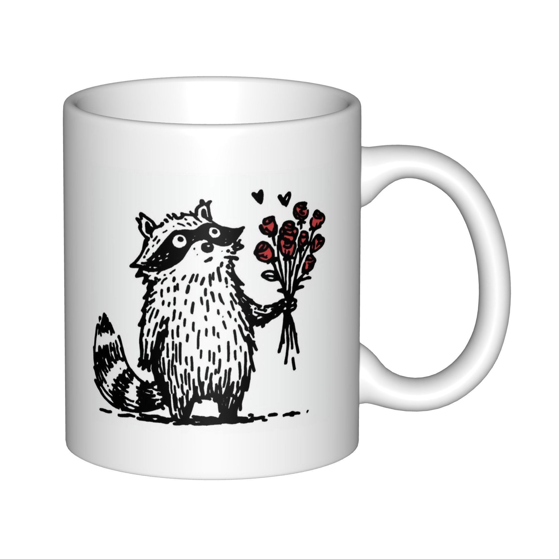 Tailorly White Ceramic 11 oz Mug - Hand Drawn Sketch Style Character Holding Red Flower Bouquet Hearts Raccoon