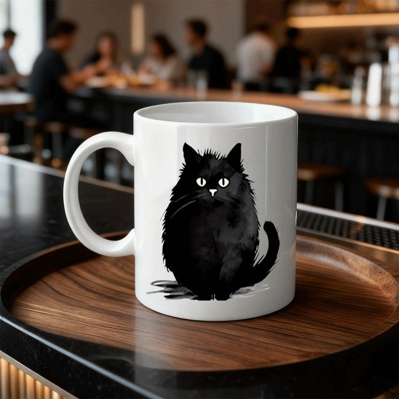 Tailorly White Ceramic 11 oz Mug - Fluffy Ink Wash Style Black Kitten Sitting With Curious Eyes Cat