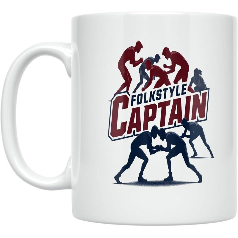Tailorly White Ceramic 11 oz Mug - Folkstyle Captain Athletic Silhouettes In Grappling Poses For Competitive Wrestling Sport Wrestlers