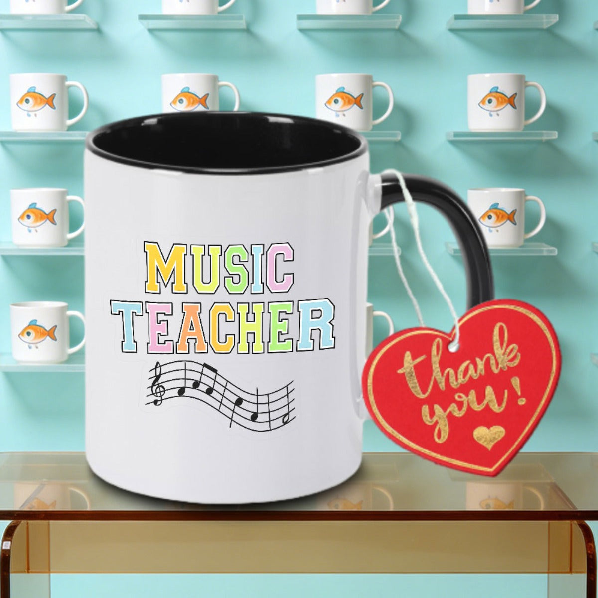 Tailorly Black Accent 11 oz Mug - Colorful Musical Score Patterns and Text Logo