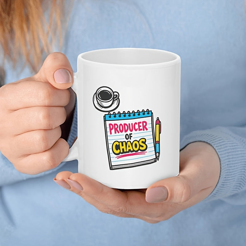 Tailorly White Ceramic 11 oz Mug - Producer Of Chaos Hand Drawn Spiral Notebook With Coffee Cup And Pen Mug