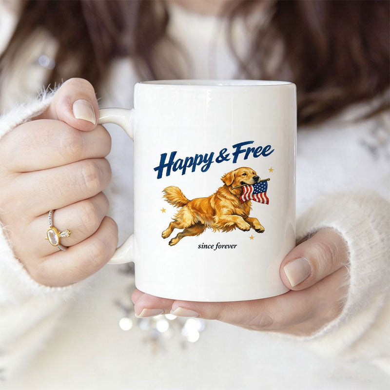 Tailorly White Ceramic 11 oz Mug - Happy Free Since Forever Energetic Golden Dog Running Happily Carrying A Small American Flag Retriever