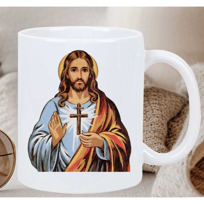 Tailorly White Ceramic 11 oz Mug - Sacred Religious Figure With Halo Holding A Cross Among Flowing Robes Jesus