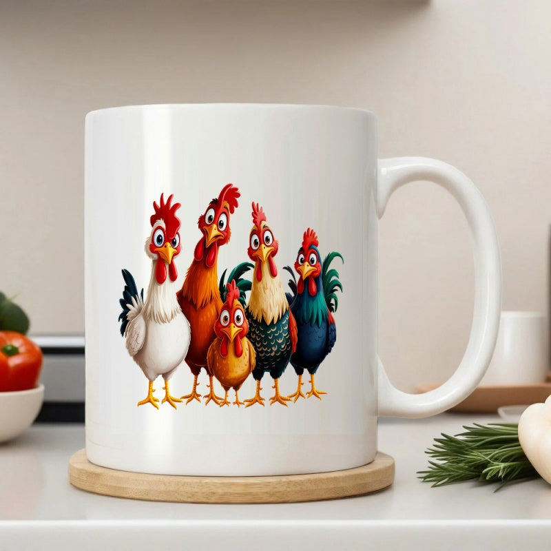 Tailorly White Ceramic 11 oz Mug - Colorful Funny Farm Animals Standing Together With Expressive Wide Eyes Chickens