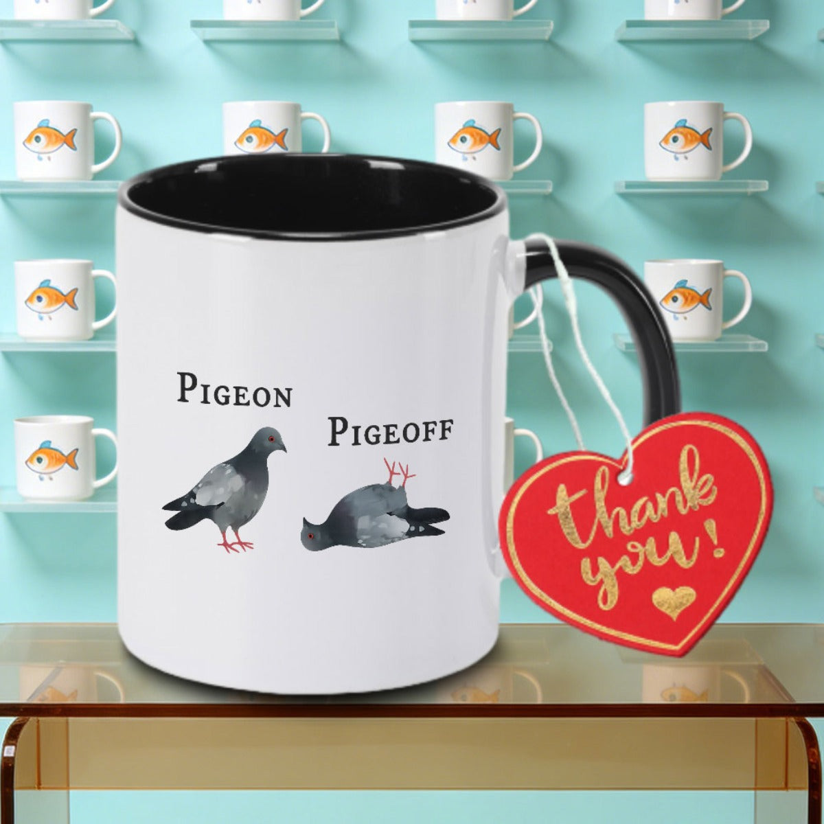 Tailorly Black Accent 11 oz Mug - Standing and Fallen Pigeons Design Logo