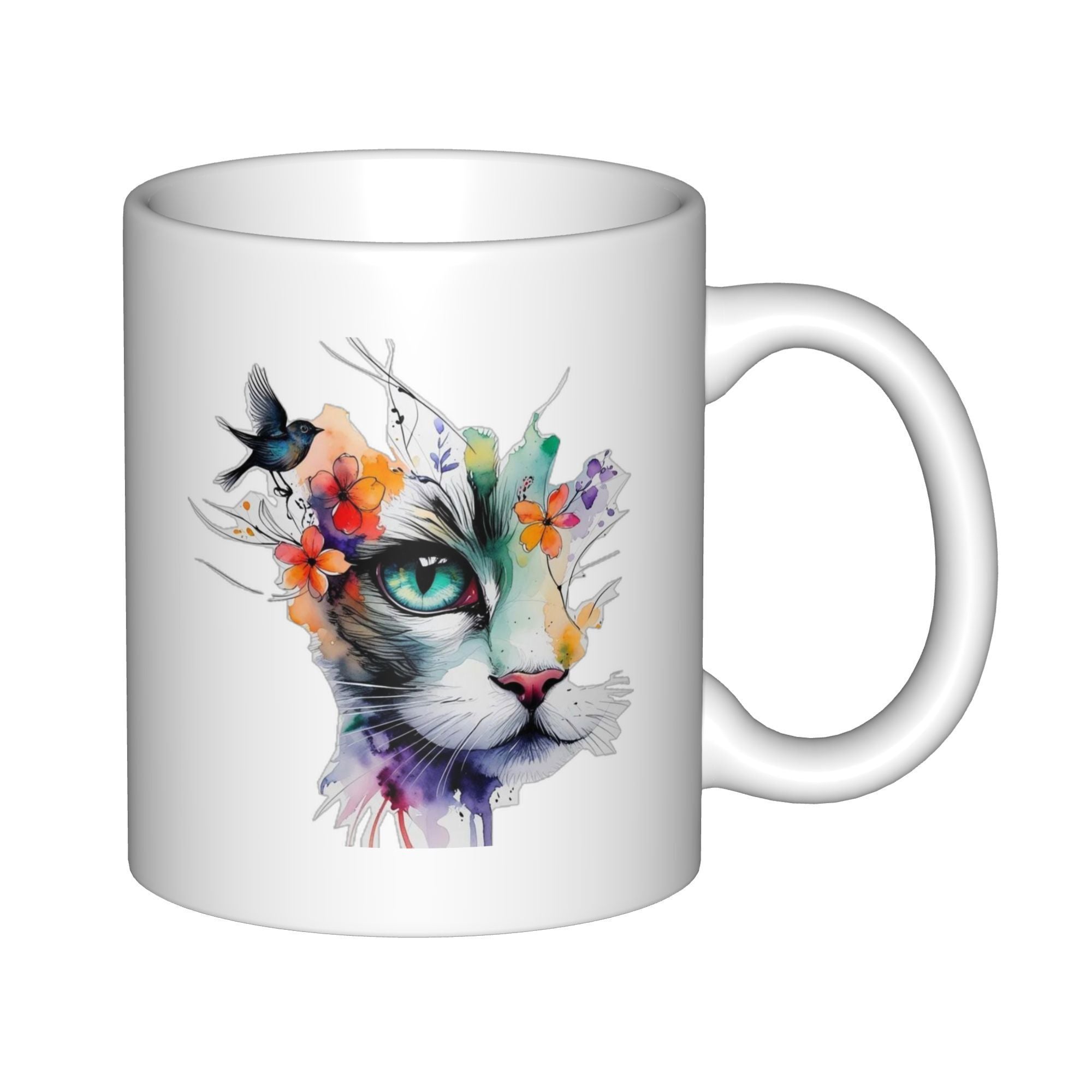 Tailorly White Ceramic 11 oz Mug - Watercolor Artistic Style Cat Face With Vibrant Colorful Flowers And Bird Cat