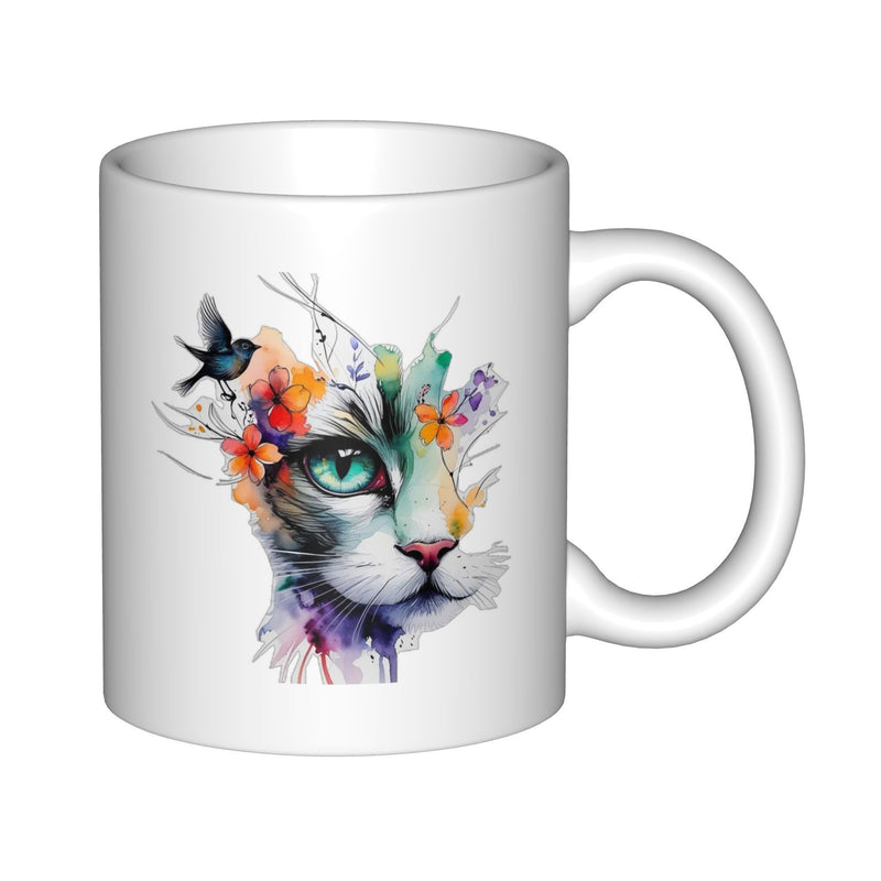 Tailorly White Ceramic 11 oz Mug - Watercolor Artistic Style Cat Face With Vibrant Colorful Flowers And Bird Cat