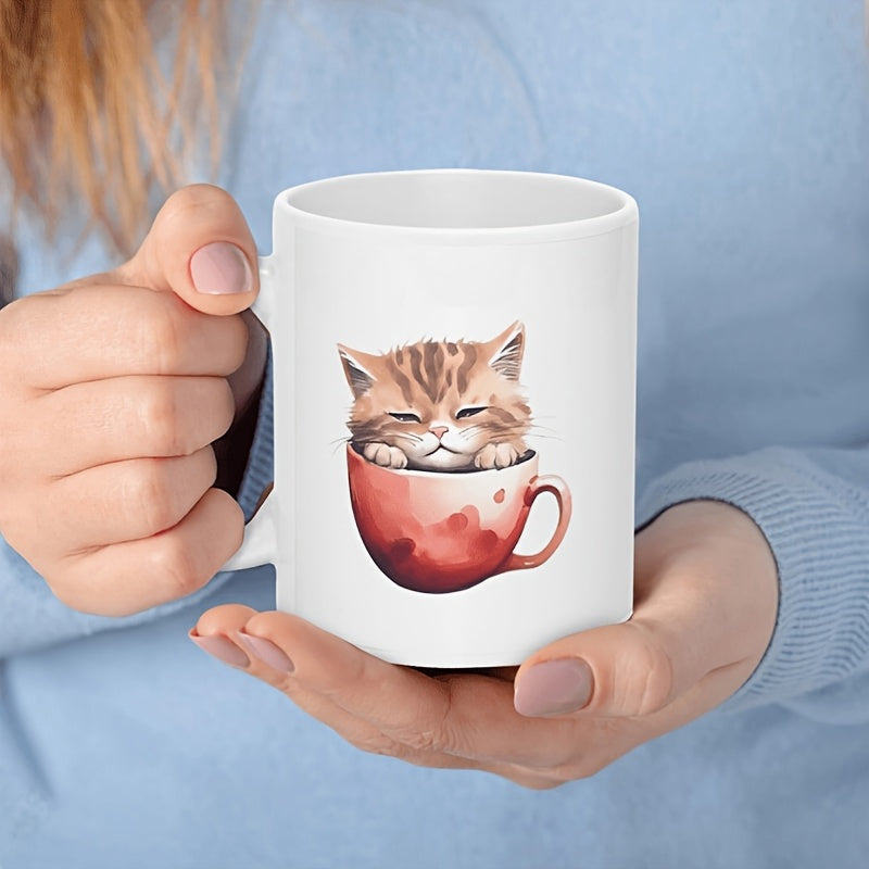 Tailorly White Ceramic 11 oz Mug - Adorable Ginger Tabby Resting Peacefully Inside A Vintage Red Ceramic Teacup Kitten