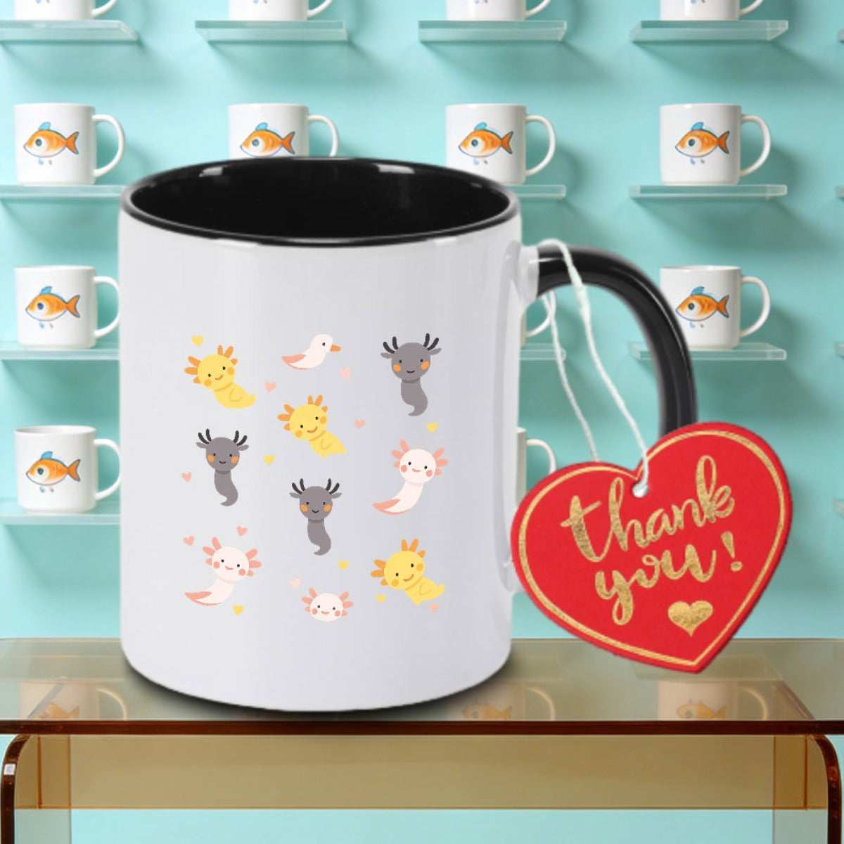 Tailorly Black Accent 11 oz Mug - Adorable cartoon animal with ears， stars， and hearts