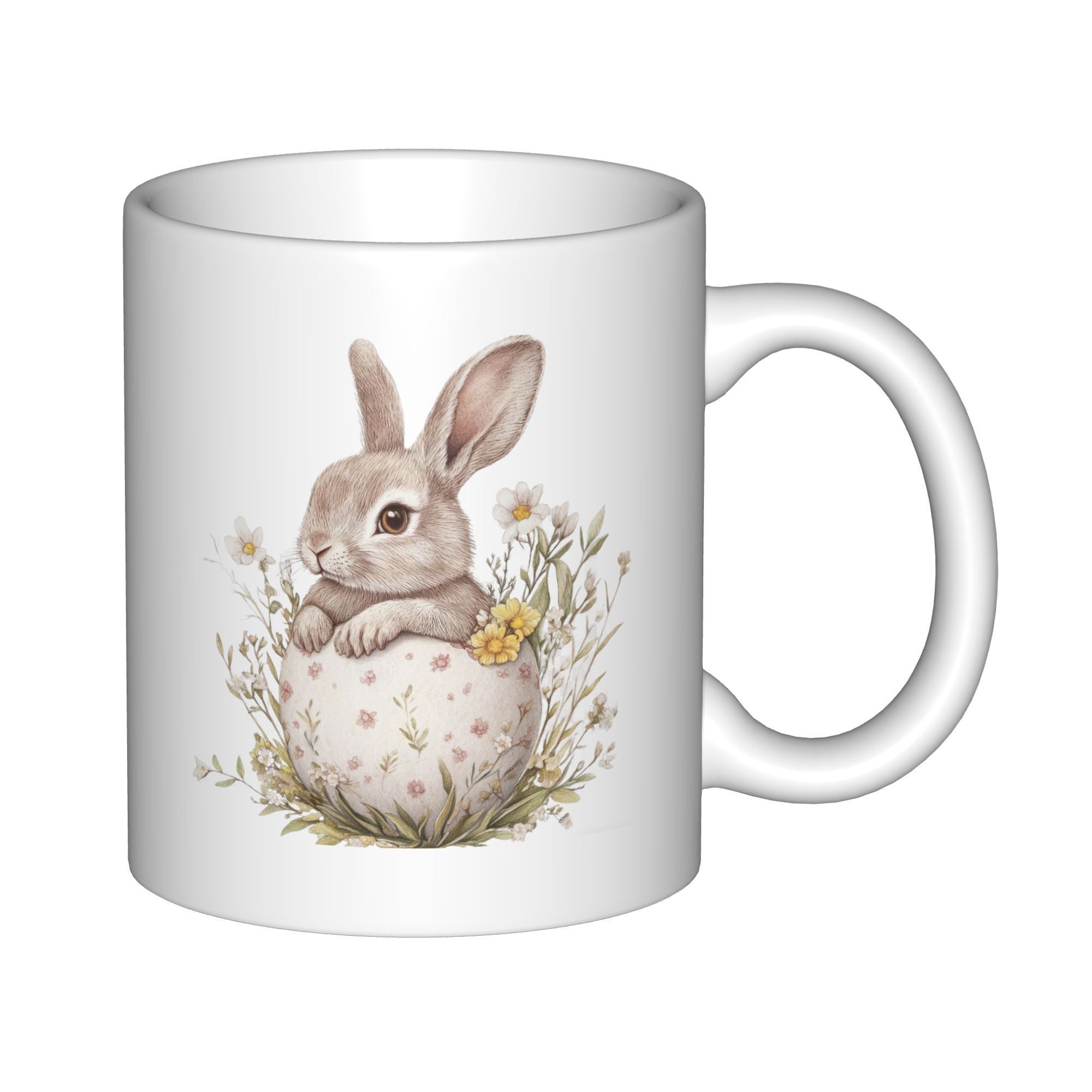 Tailorly White Ceramic 11 oz Mug - Adorable Fluffy Rabbit Sitting Inside A Spotted Easter Egg Surrounded By Spring Flowers Bunny