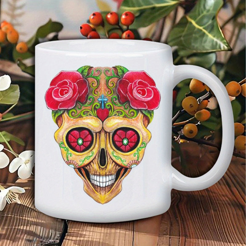 Tailorly White Ceramic 11 oz Mug - Ornate Traditional Mexican Design With Red Roses And Heart Patterns Skull