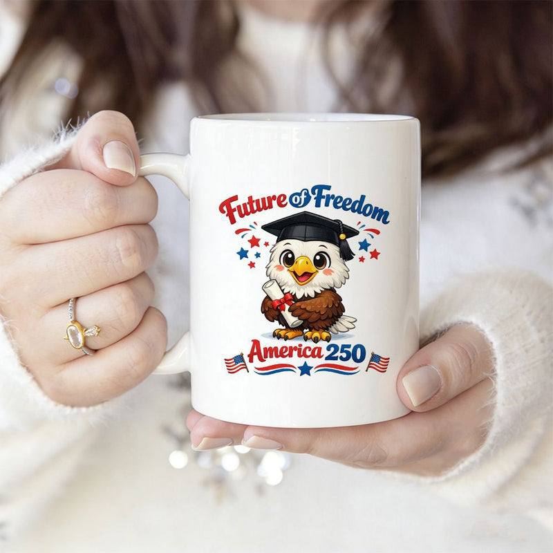 Tailorly White Ceramic 11 oz Mug - Future Freedom America 250 Adorable Graduation Eagle Wearing Mortarboard Holding Diploma Among Stars And Flags Eagle