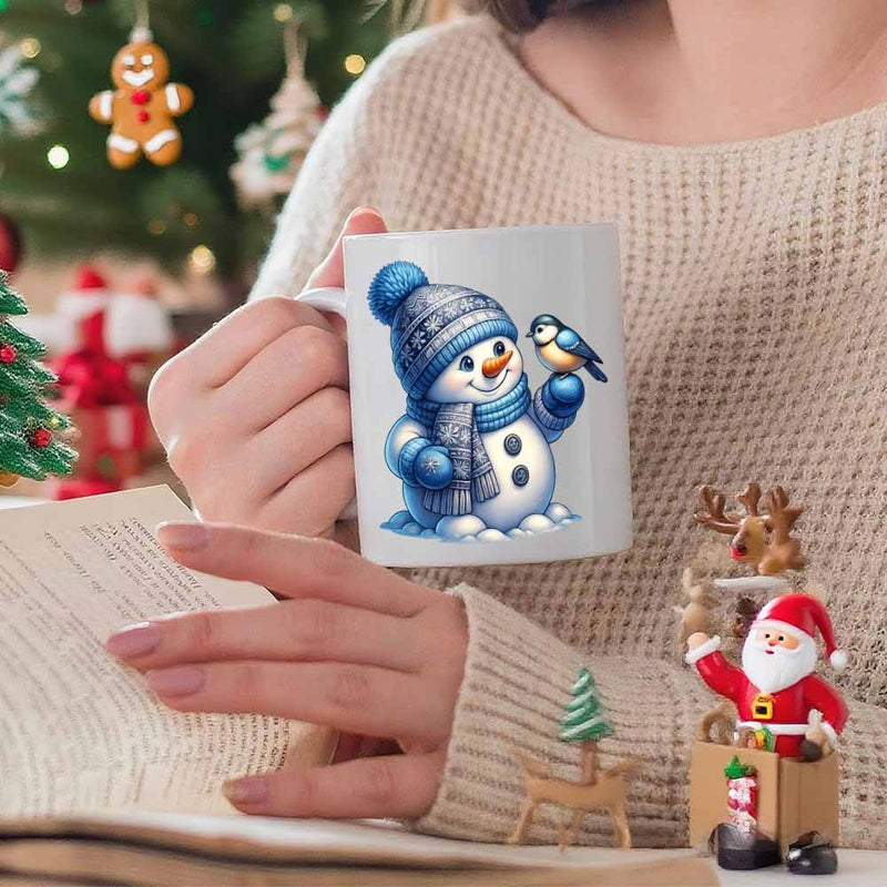 Tailorly White Ceramic 11 oz Mug - Charming Winter Character Wearing Blue Knitted Hat And Scarf With Tiny Bird Snowman