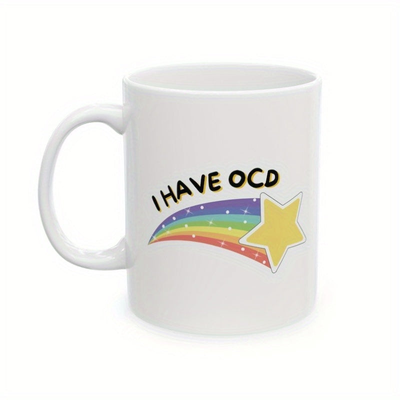 Tailorly White Ceramic 11 oz Mug - I Have OCD Vibrant Colorful Shooting Star With Radiant Rainbow Tail Trailing Star