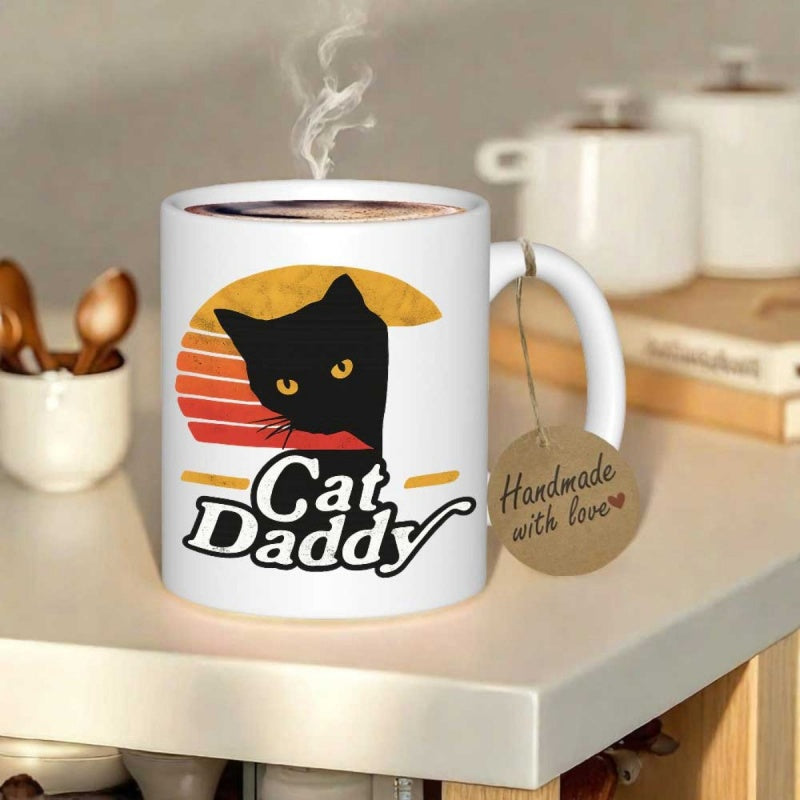 Tailorly White Ceramic 11 oz Mug - Cat Daddy Retro Vintage Sunset Background With Peeking Black Silhouette Curious Feline Cat