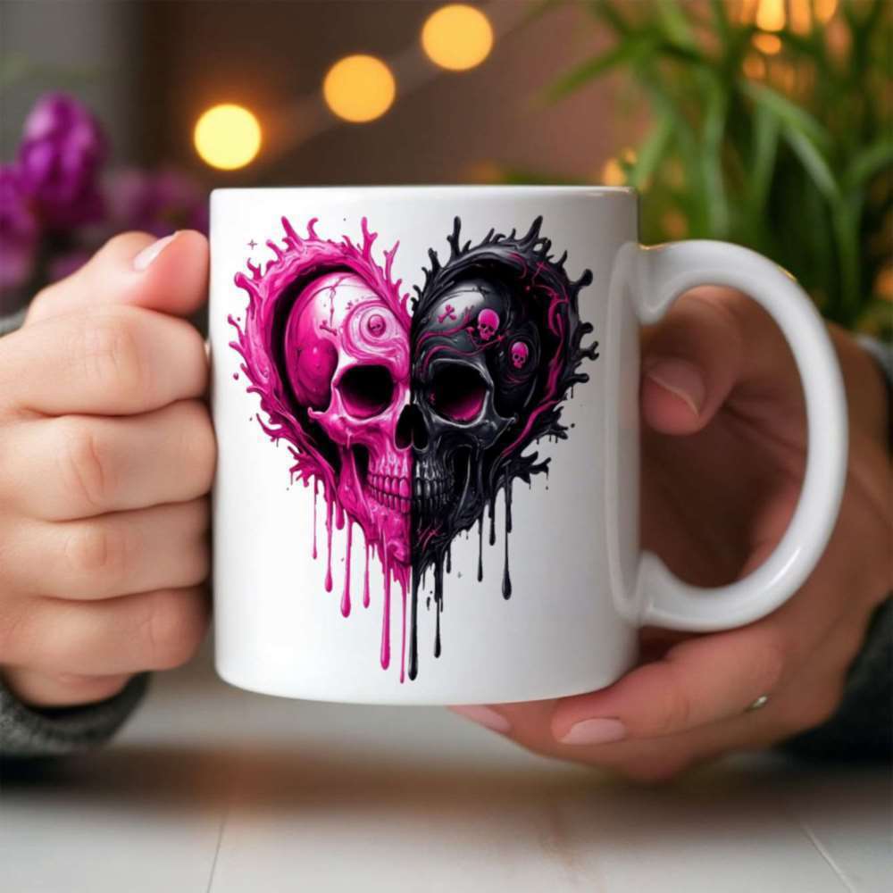 Tailorly White Ceramic 11 oz Mug - Vibrant Pink And Black Dripping Paint Splatter Aesthetic Gothic Heart Shaped Skull