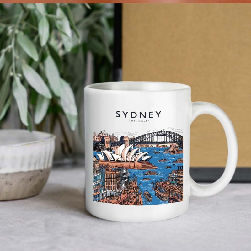 Tailorly White Ceramic 11 oz Mug - Sydney Australia Vintage Style Illustration Of Harbor Landmarks Above Deep Blue Water Cityscape
